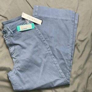 Tribal High Rise Fly Front Palazzo Pant w/ Waistband Detail in Slate Blue